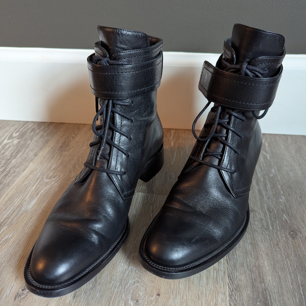 Tamara Mellon Size 38.5 (US 8.5) Black Lace Up Ankle Moto‎ Boots w/ Top Strap